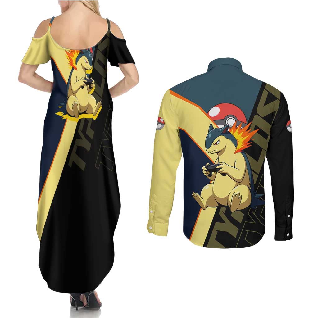 Typhlosion Poké Couples Matching Summer Maxi Dress and Long Sleeve Button Shirt Classic Retro Anime Style