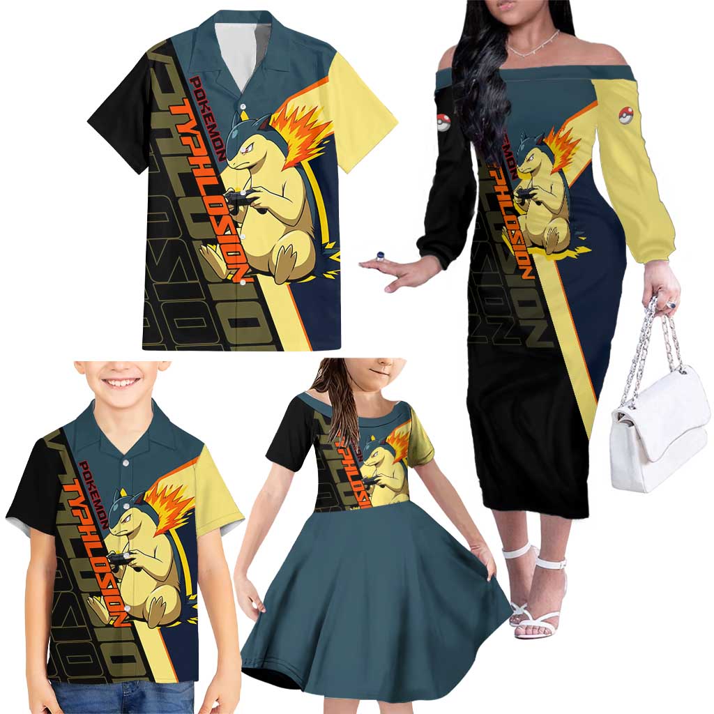 Typhlosion Poké Family Matching Off The Shoulder Long Sleeve Dress and Hawaiian Shirt Classic Retro Anime Style