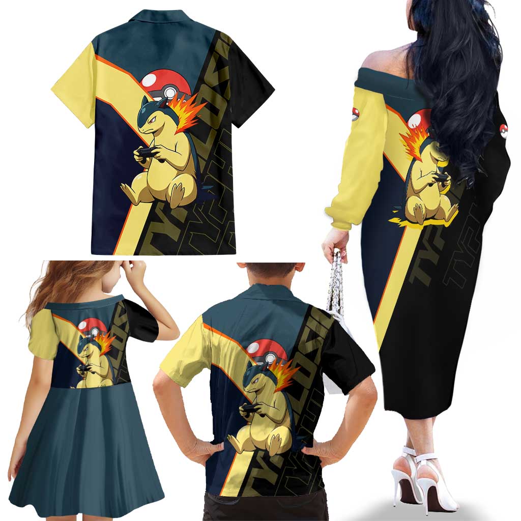 Typhlosion Poké Family Matching Off The Shoulder Long Sleeve Dress and Hawaiian Shirt Classic Retro Anime Style