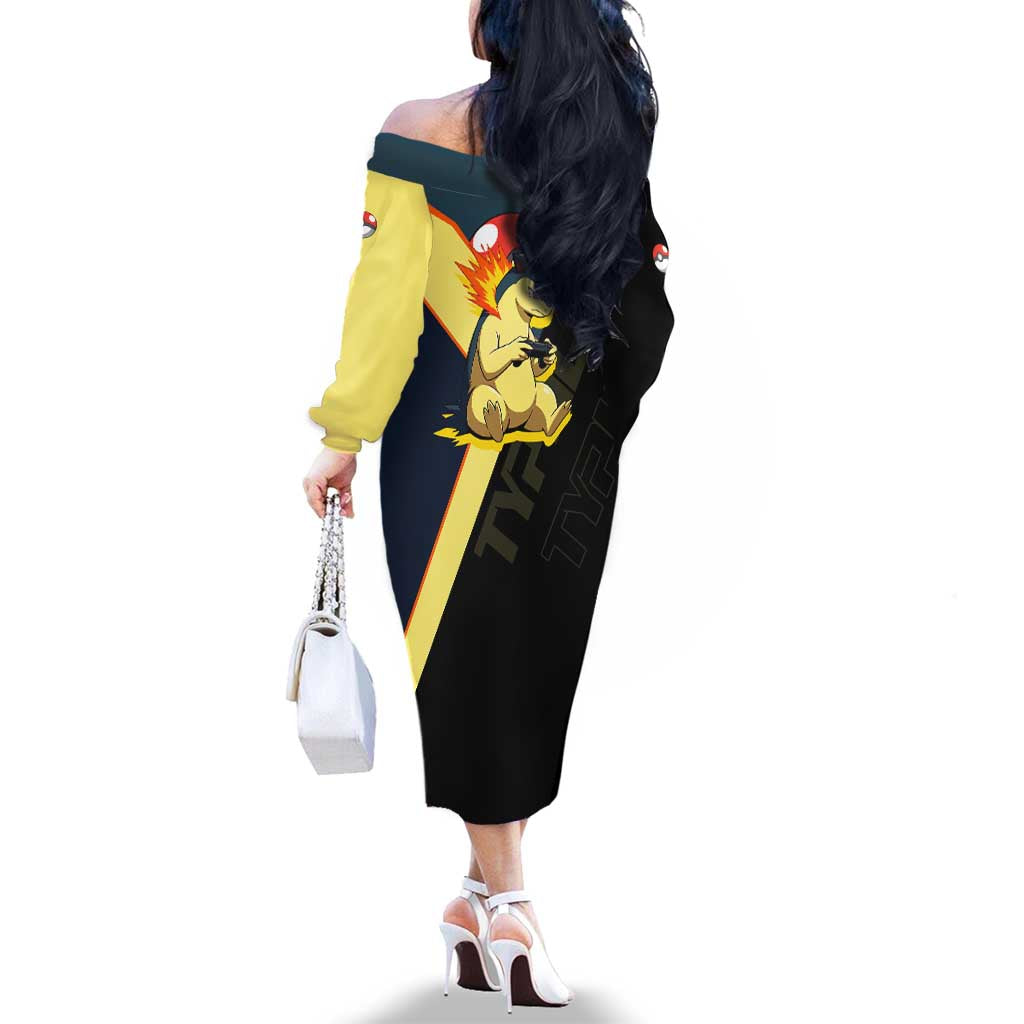 Typhlosion Poké Family Matching Off The Shoulder Long Sleeve Dress and Hawaiian Shirt Classic Retro Anime Style
