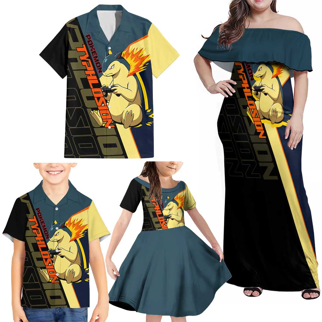 Typhlosion Poké Family Matching Off Shoulder Maxi Dress and Hawaiian Shirt Classic Retro Anime Style