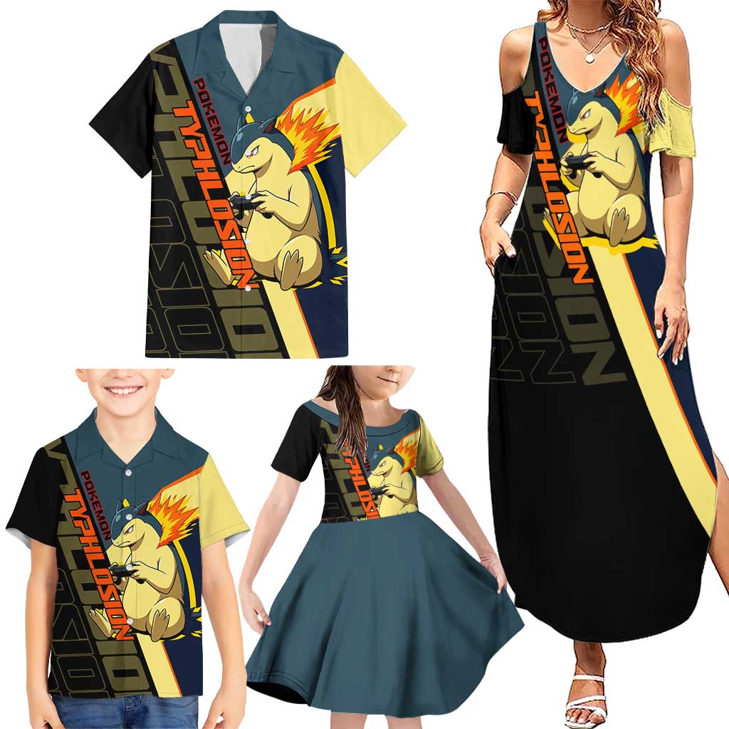 Typhlosion Poké Family Matching Summer Maxi Dress and Hawaiian Shirt Classic Retro Anime Style