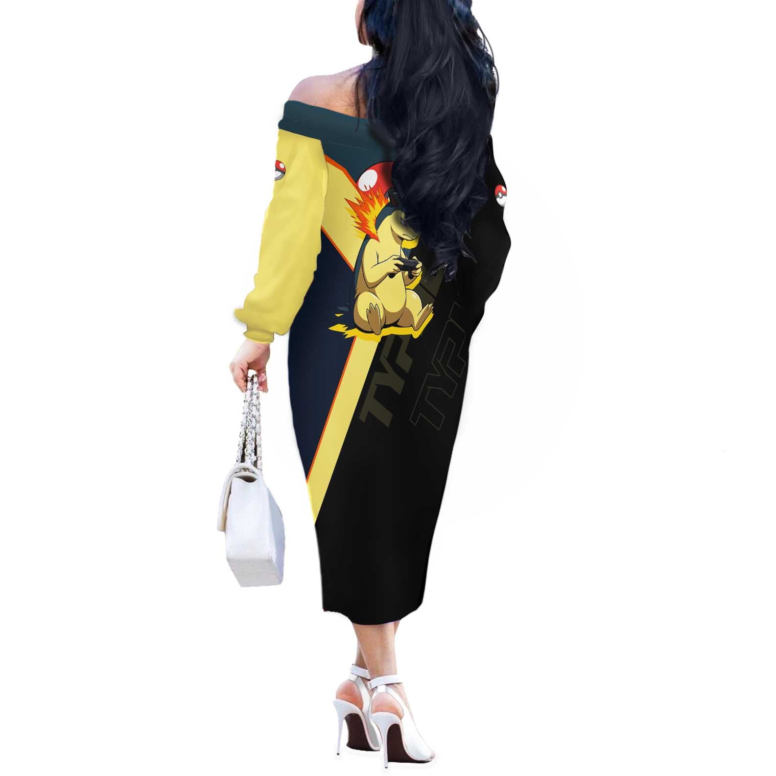 Typhlosion Poké Off The Shoulder Long Sleeve Dress Classic Retro Anime Style