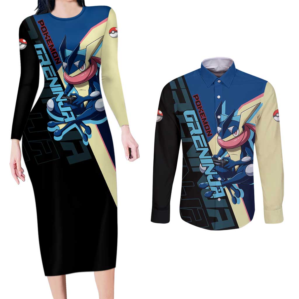 Greninja Poké Couples Matching Long Sleeve Bodycon Dress and Long Sleeve Button Shirt Sleek Retro Anime Style