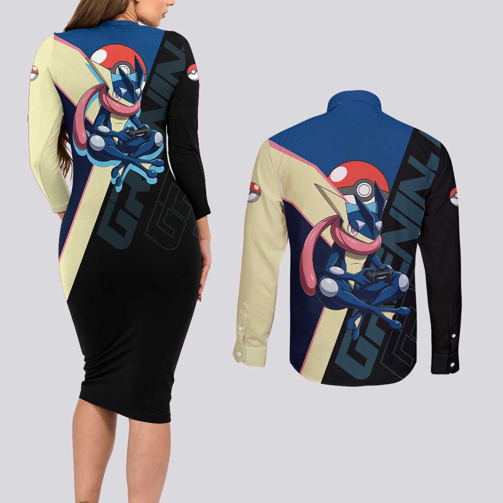 Greninja Poké Couples Matching Long Sleeve Bodycon Dress and Long Sleeve Button Shirt Sleek Retro Anime Style