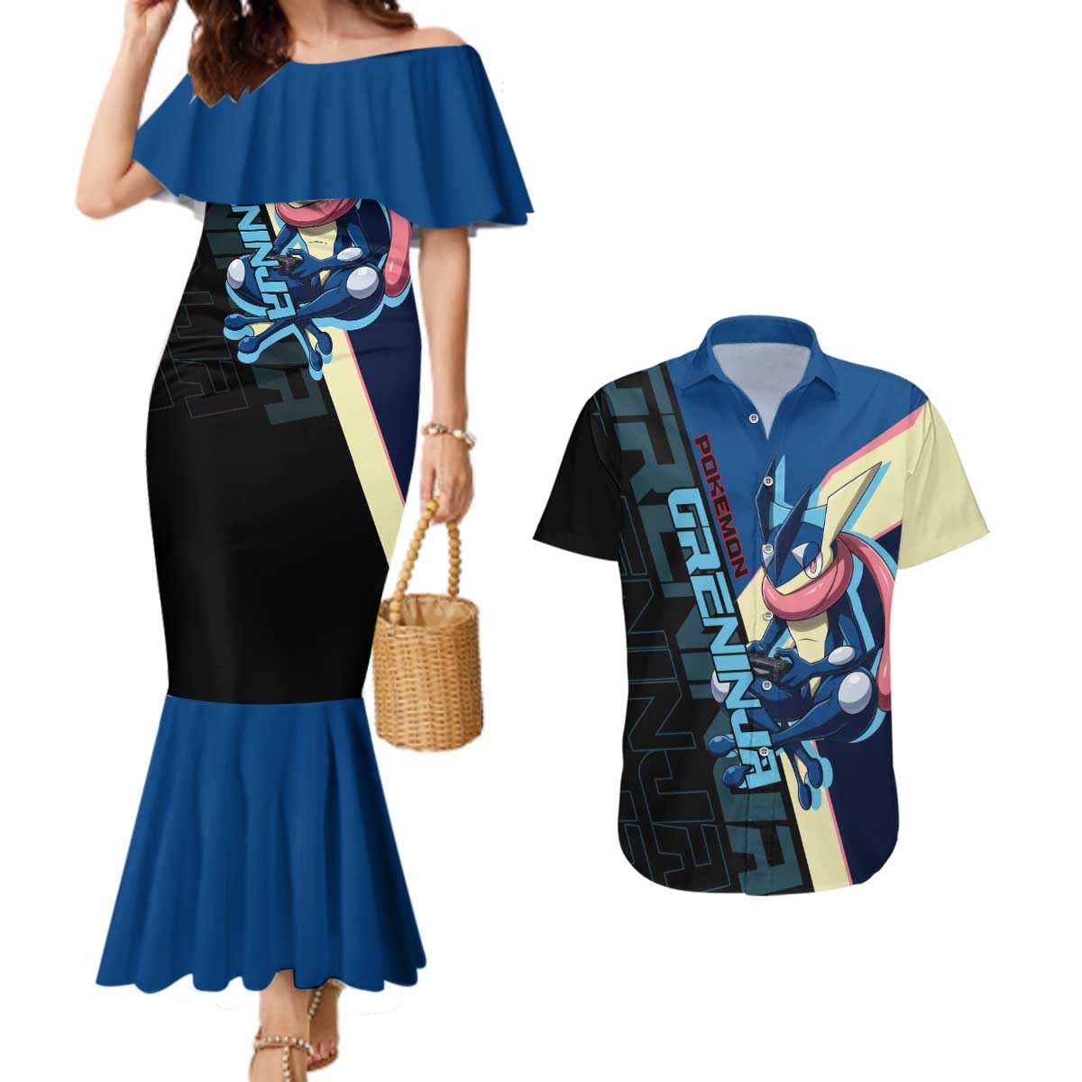Greninja Poké Couples Matching Mermaid Dress and Hawaiian Shirt Sleek Retro Anime Style