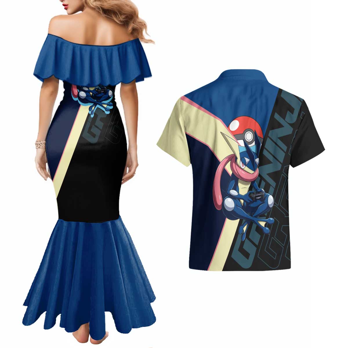 Greninja Poké Couples Matching Mermaid Dress and Hawaiian Shirt Sleek Retro Anime Style