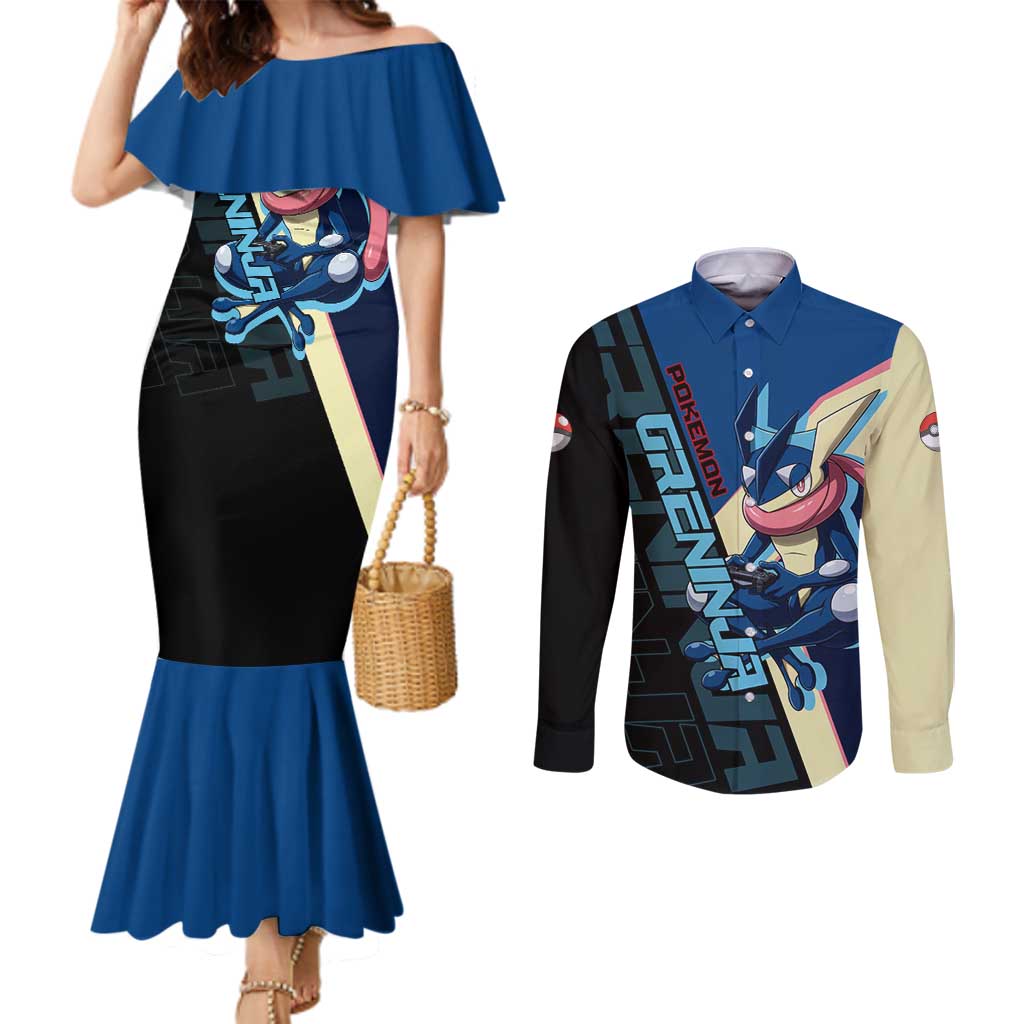 Greninja Poké Couples Matching Mermaid Dress and Long Sleeve Button Shirt Sleek Retro Anime Style