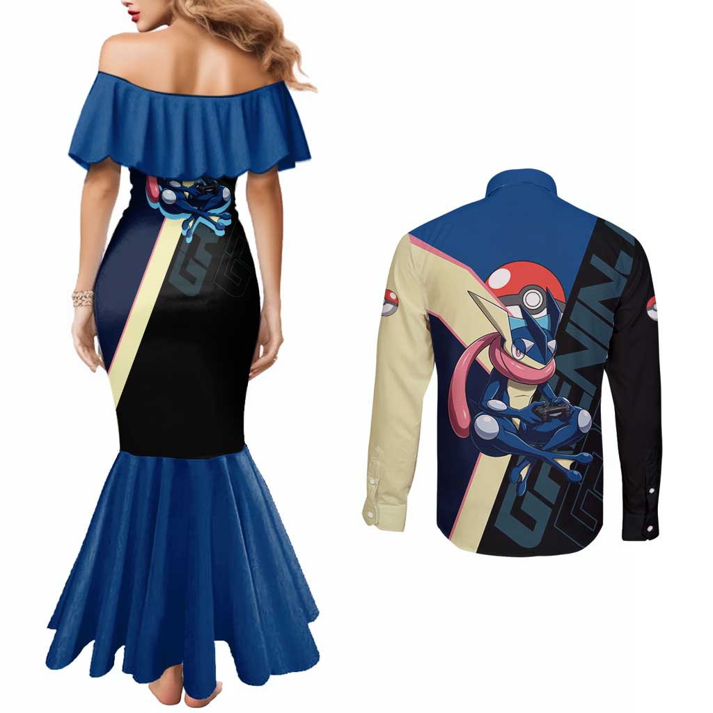Greninja Poké Couples Matching Mermaid Dress and Long Sleeve Button Shirt Sleek Retro Anime Style