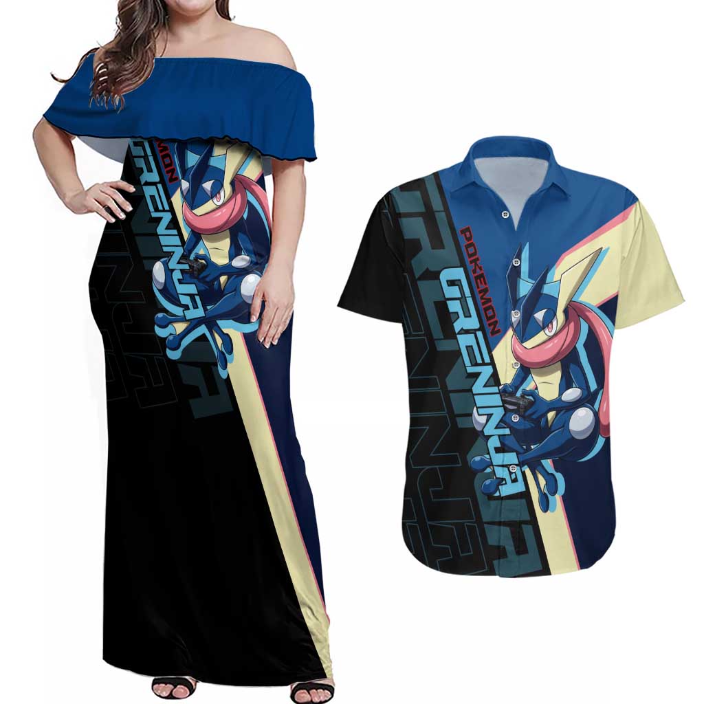 Greninja Poké Couples Matching Off Shoulder Maxi Dress and Hawaiian Shirt Sleek Retro Anime Style