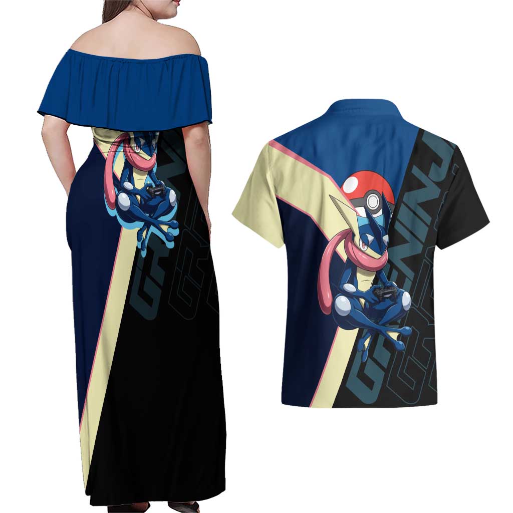 Greninja Poké Couples Matching Off Shoulder Maxi Dress and Hawaiian Shirt Sleek Retro Anime Style