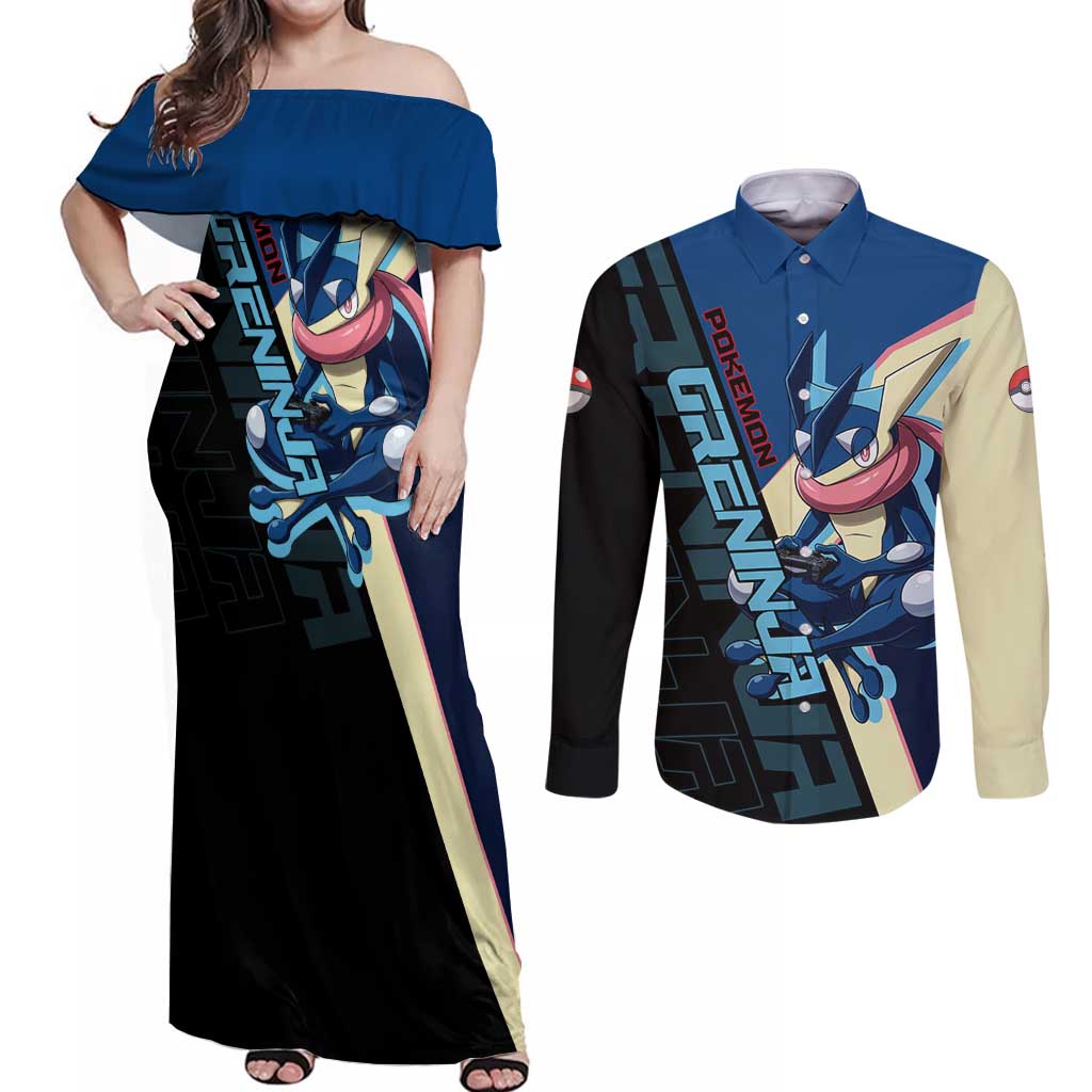Greninja Poké Couples Matching Off Shoulder Maxi Dress and Long Sleeve Button Shirt Sleek Retro Anime Style