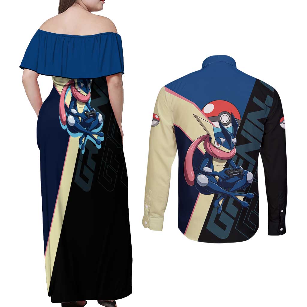 Greninja Poké Couples Matching Off Shoulder Maxi Dress and Long Sleeve Button Shirt Sleek Retro Anime Style