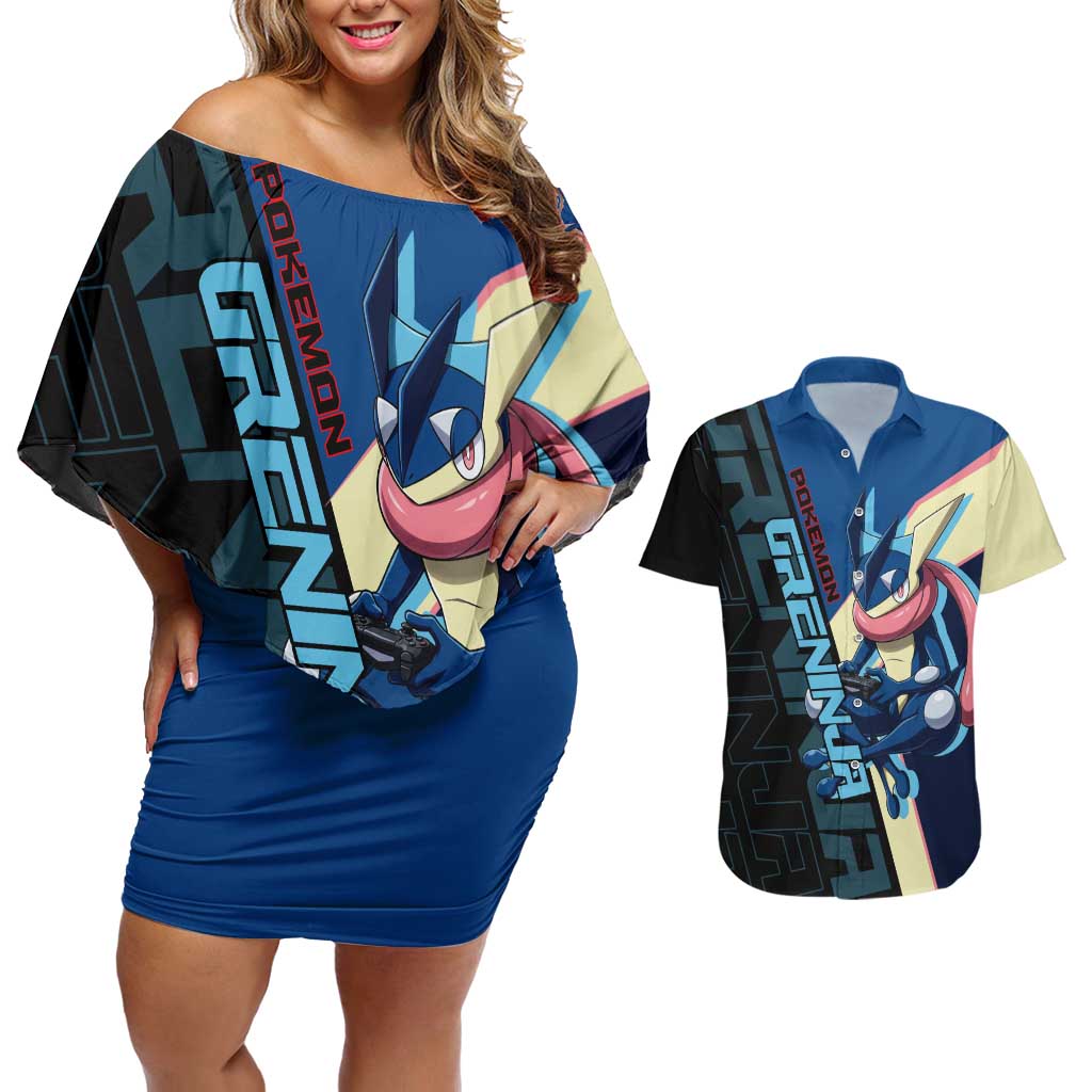 Greninja Poké Couples Matching Off Shoulder Short Dress and Hawaiian Shirt Sleek Retro Anime Style