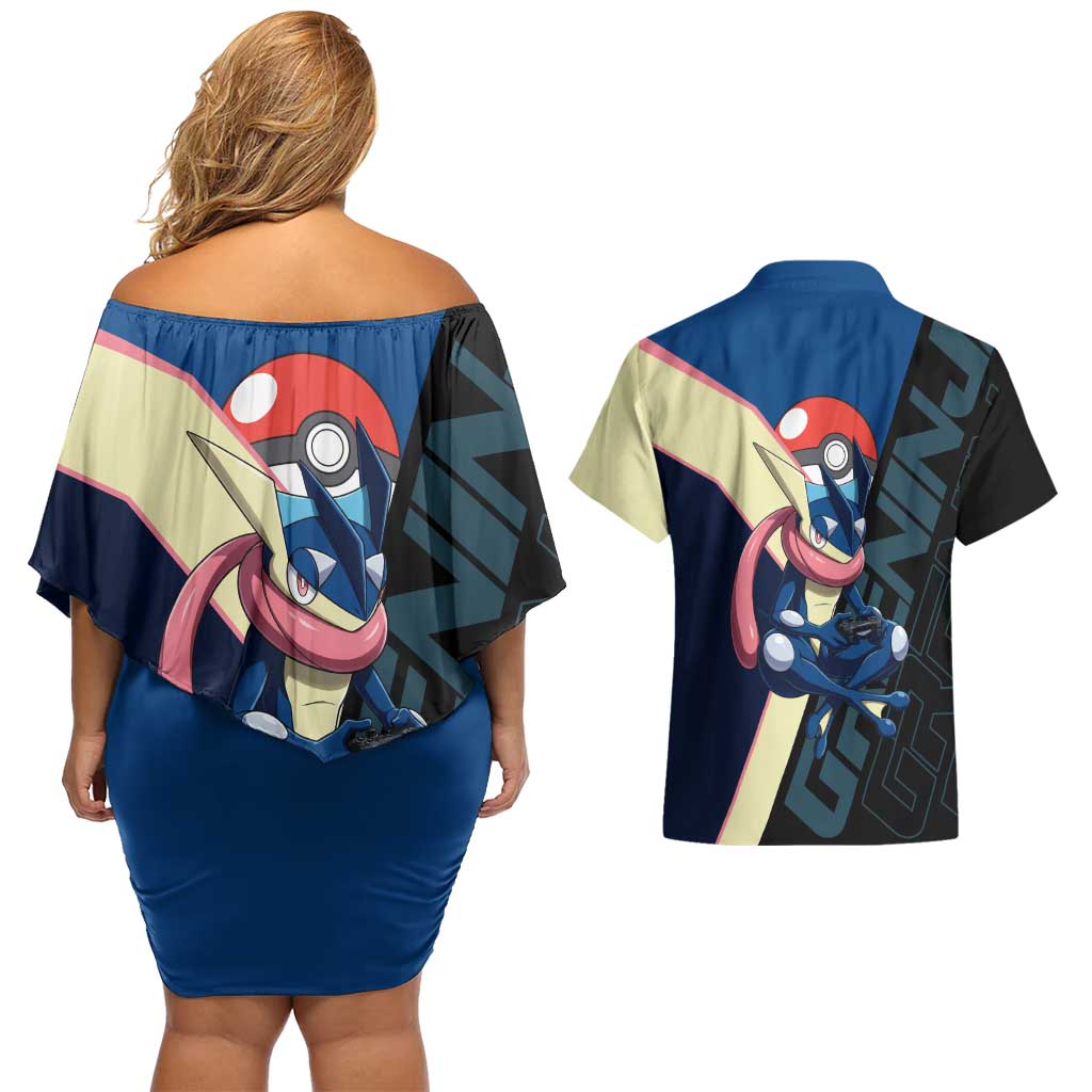 Greninja Poké Couples Matching Off Shoulder Short Dress and Hawaiian Shirt Sleek Retro Anime Style