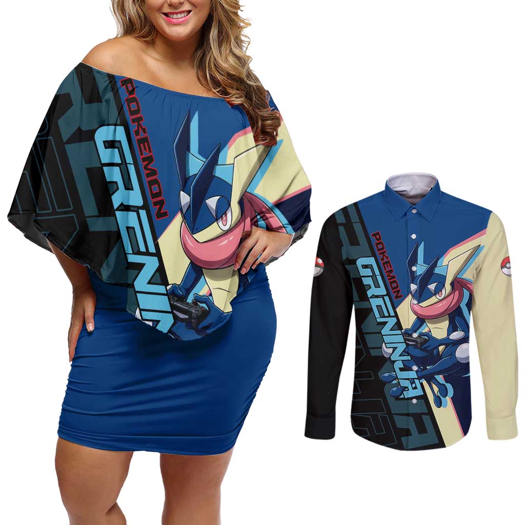 Greninja Poké Couples Matching Off Shoulder Short Dress and Long Sleeve Button Shirt Sleek Retro Anime Style