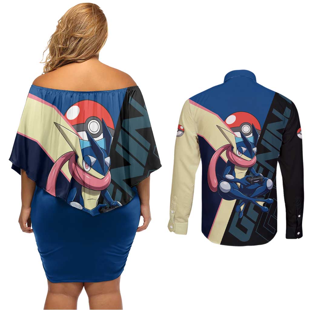 Greninja Poké Couples Matching Off Shoulder Short Dress and Long Sleeve Button Shirt Sleek Retro Anime Style