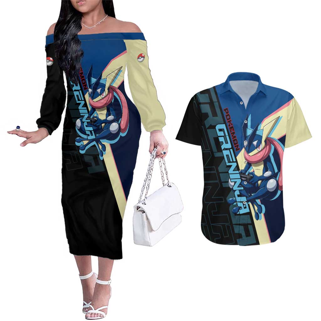 Greninja Poké Couples Matching Off The Shoulder Long Sleeve Dress and Hawaiian Shirt Sleek Retro Anime Style