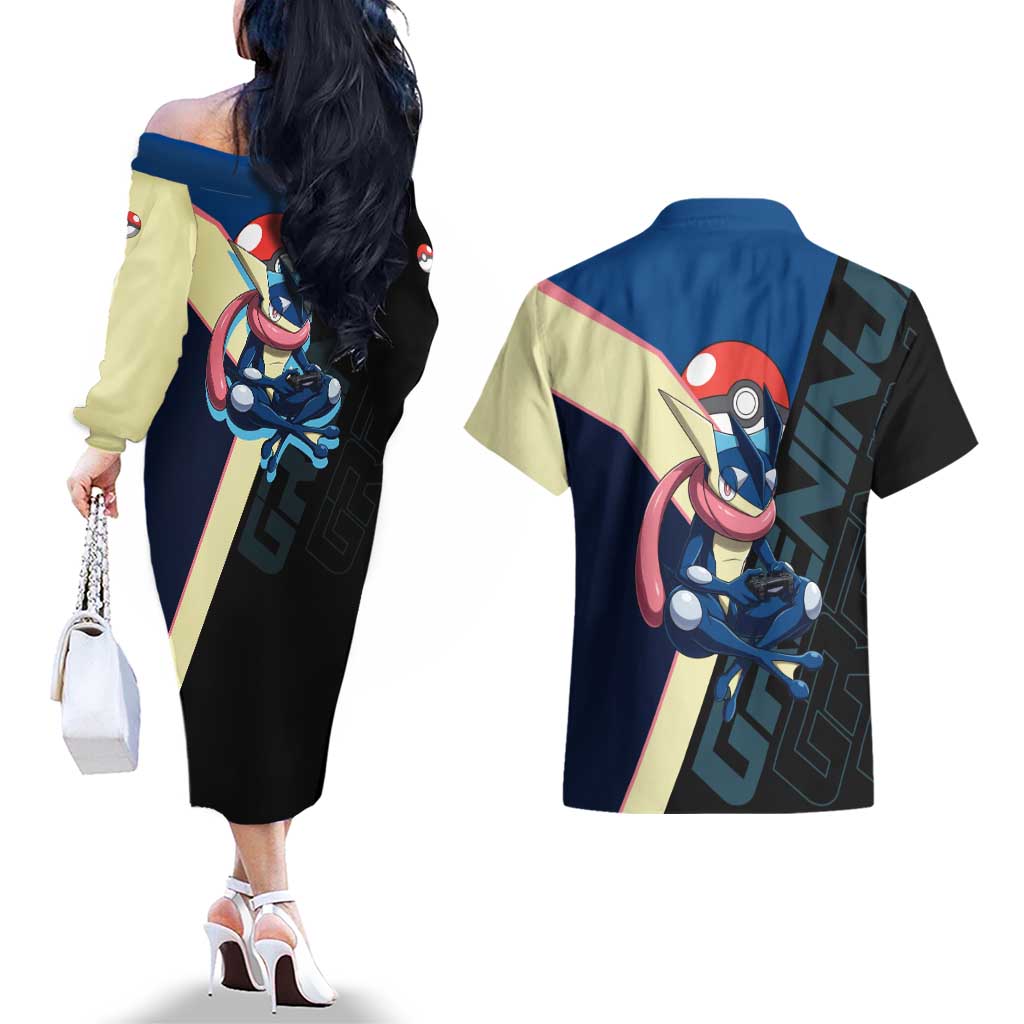 Greninja Poké Couples Matching Off The Shoulder Long Sleeve Dress and Hawaiian Shirt Sleek Retro Anime Style