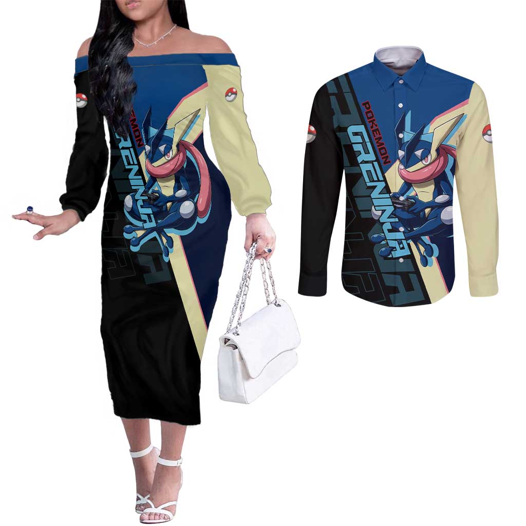 Greninja Poké Couples Matching Off The Shoulder Long Sleeve Dress and Long Sleeve Button Shirt Sleek Retro Anime Style