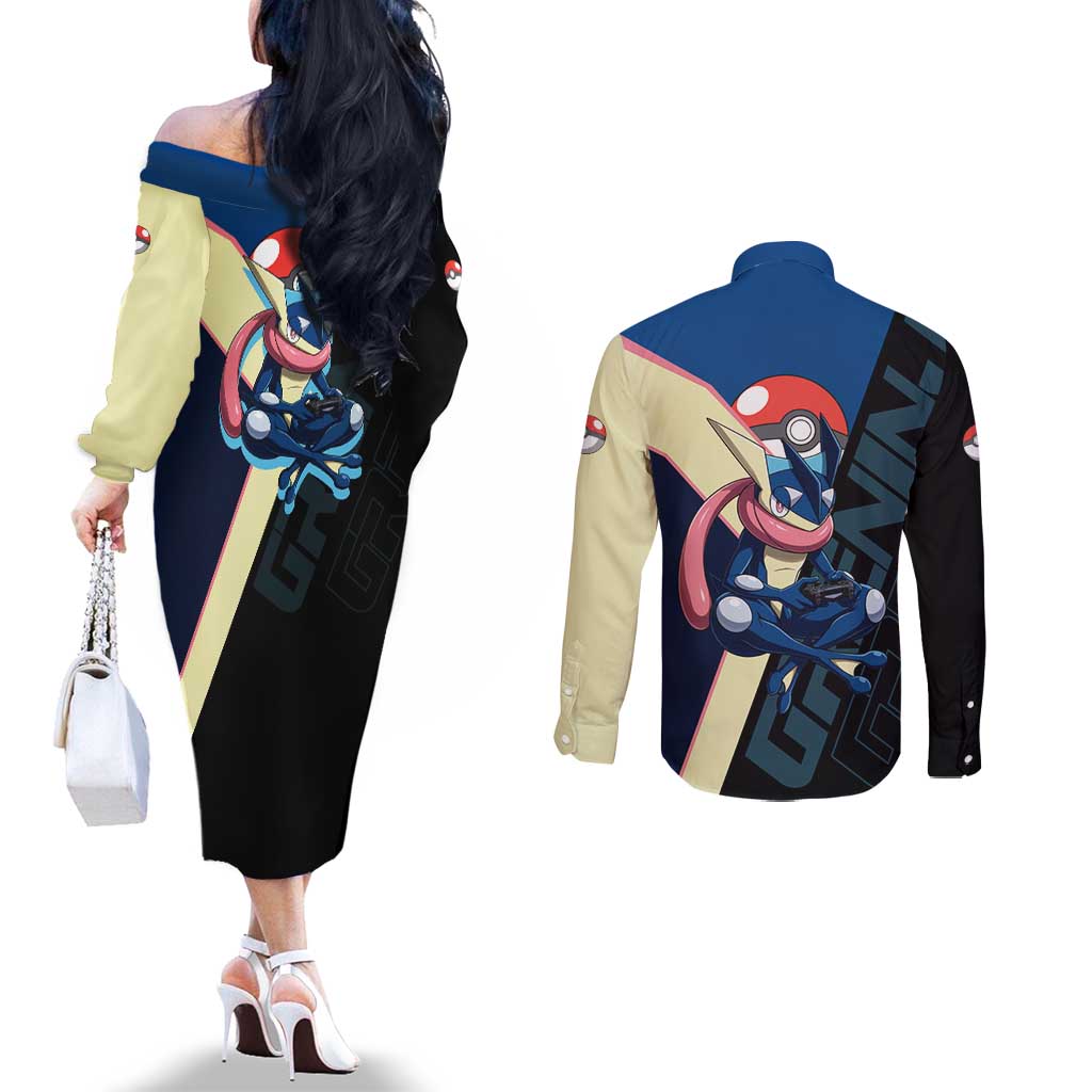Greninja Poké Couples Matching Off The Shoulder Long Sleeve Dress and Long Sleeve Button Shirt Sleek Retro Anime Style