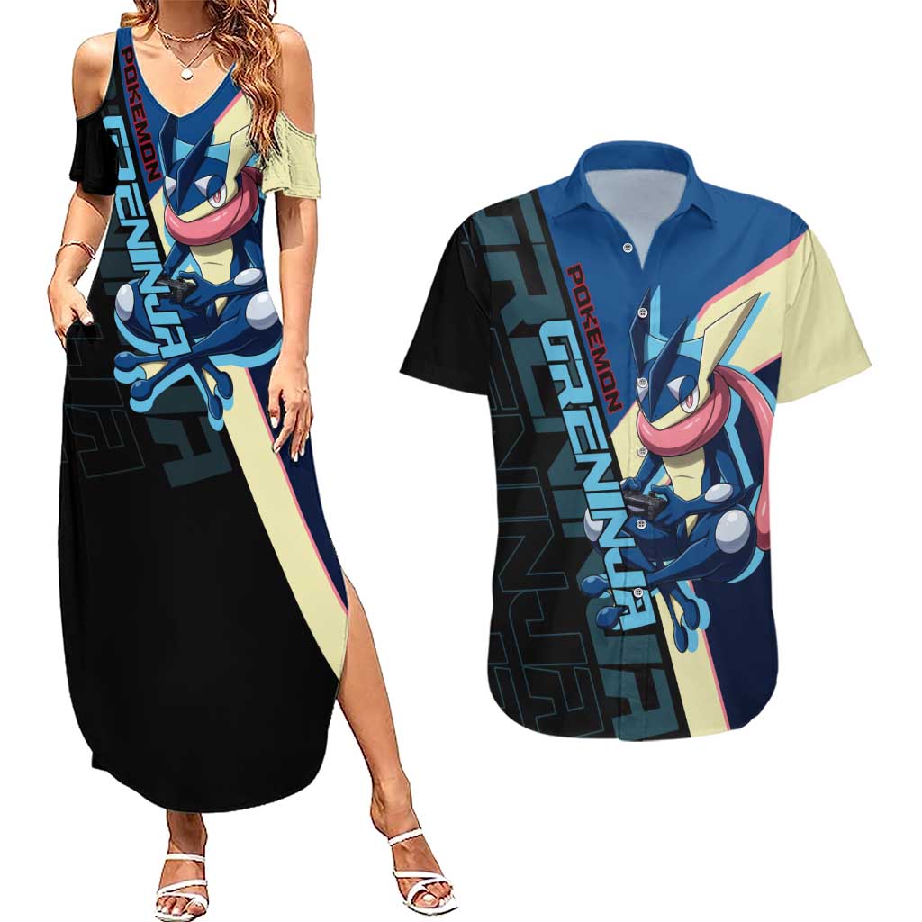 Greninja Poké Couples Matching Summer Maxi Dress and Hawaiian Shirt Sleek Retro Anime Style
