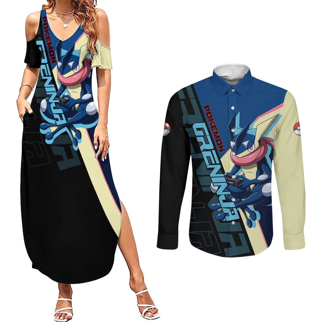 Greninja Poké Couples Matching Summer Maxi Dress and Long Sleeve Button Shirt Sleek Retro Anime Style