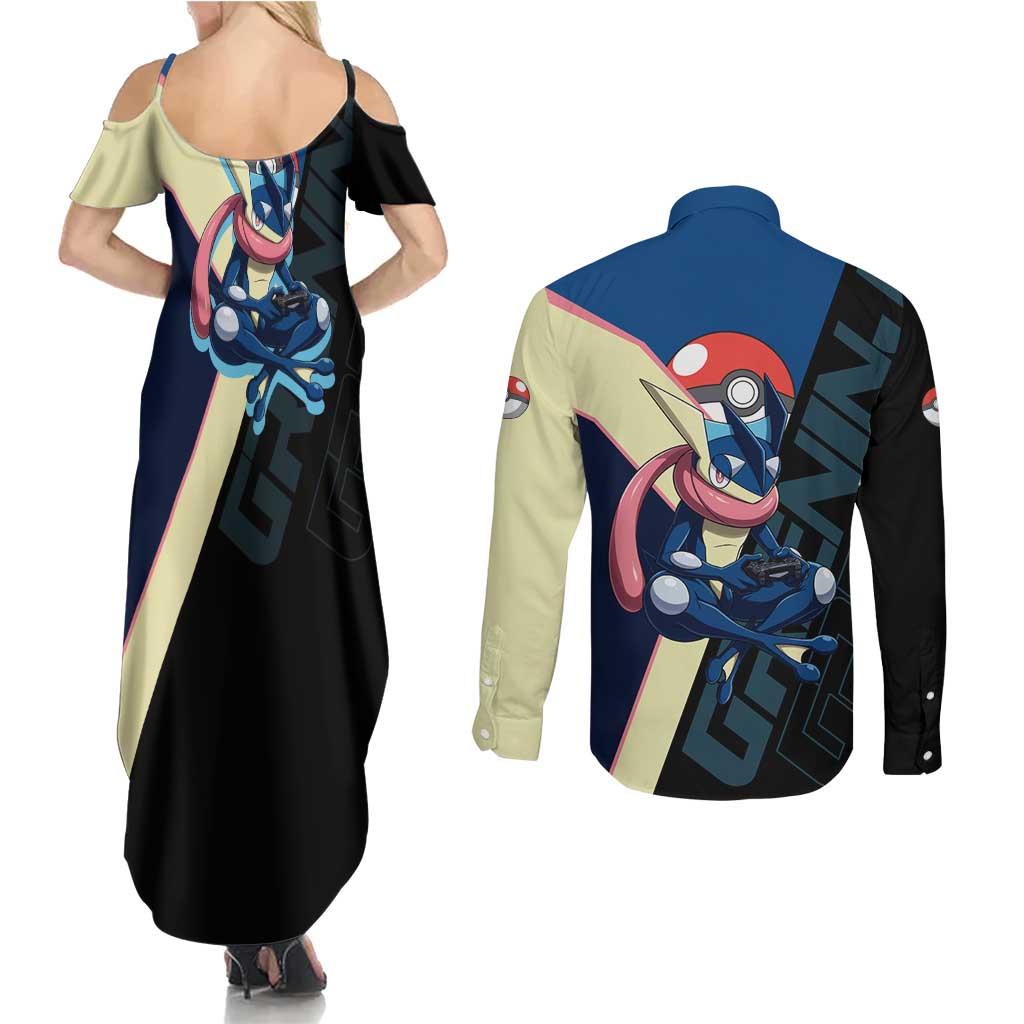 Greninja Poké Couples Matching Summer Maxi Dress and Long Sleeve Button Shirt Sleek Retro Anime Style