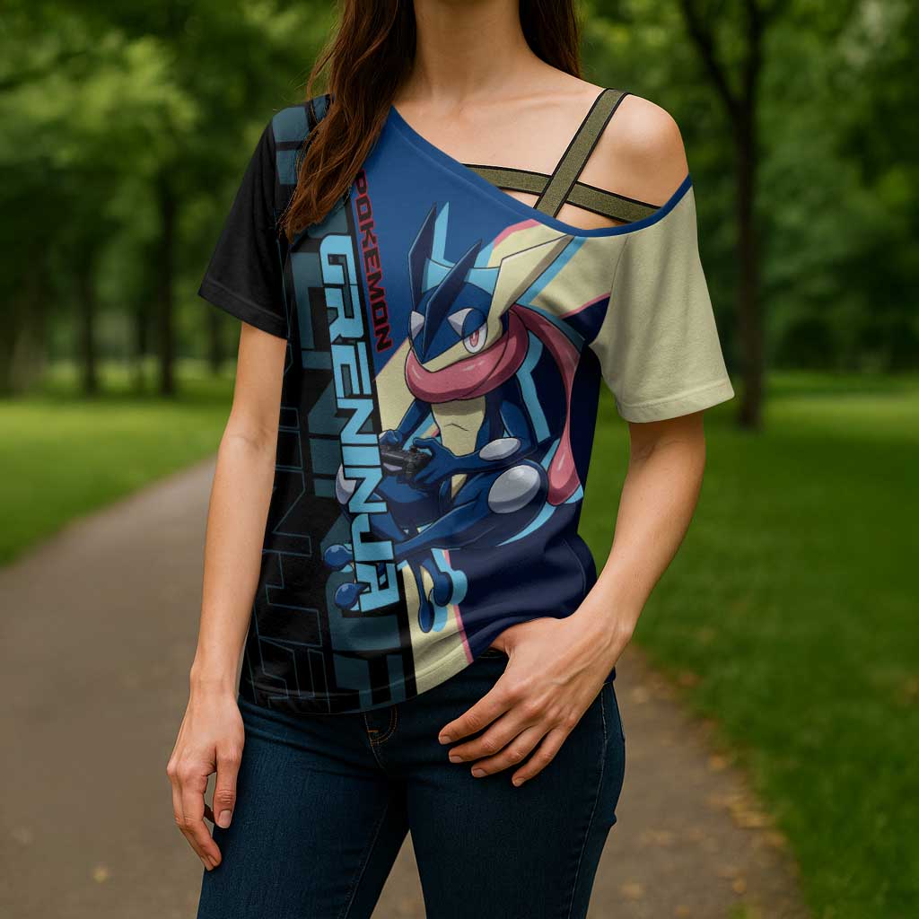 Greninja Poké Cross Shoulder Shirt Sleek Retro Anime Style