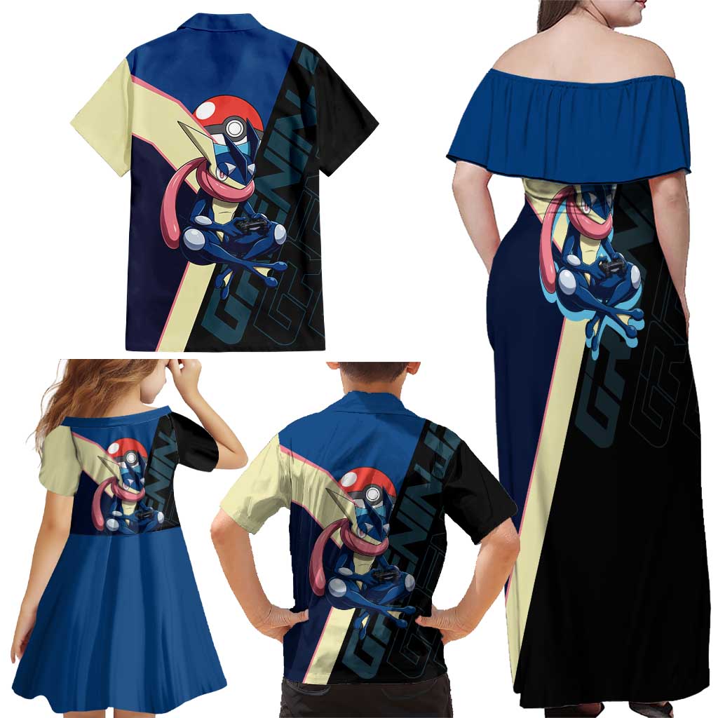 Greninja Poké Family Matching Off Shoulder Maxi Dress and Hawaiian Shirt Sleek Retro Anime Style