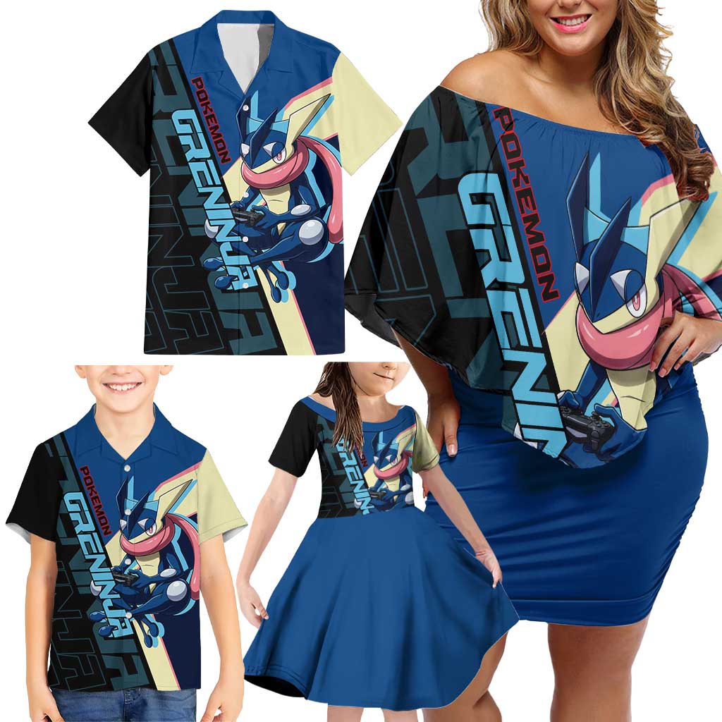 Greninja Poké Family Matching Off Shoulder Short Dress and Hawaiian Shirt Sleek Retro Anime Style