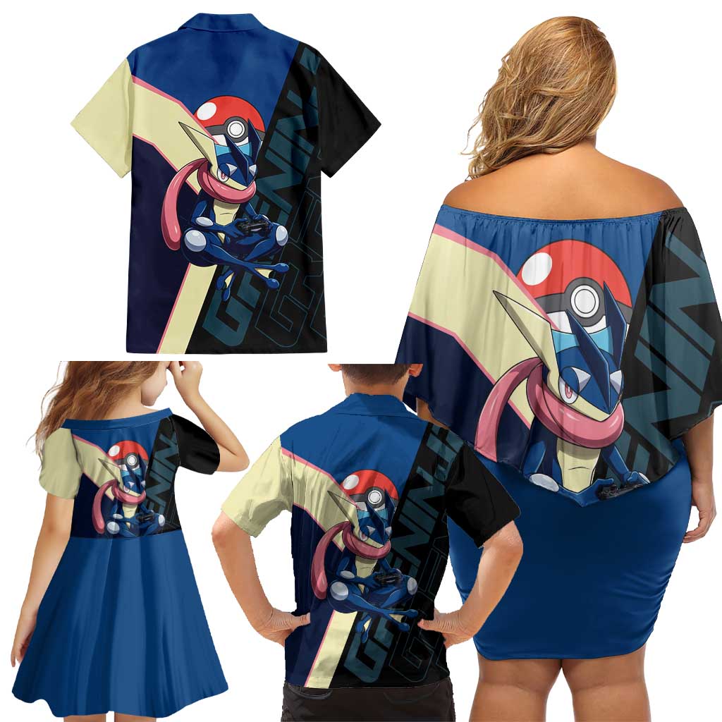 Greninja Poké Family Matching Off Shoulder Short Dress and Hawaiian Shirt Sleek Retro Anime Style