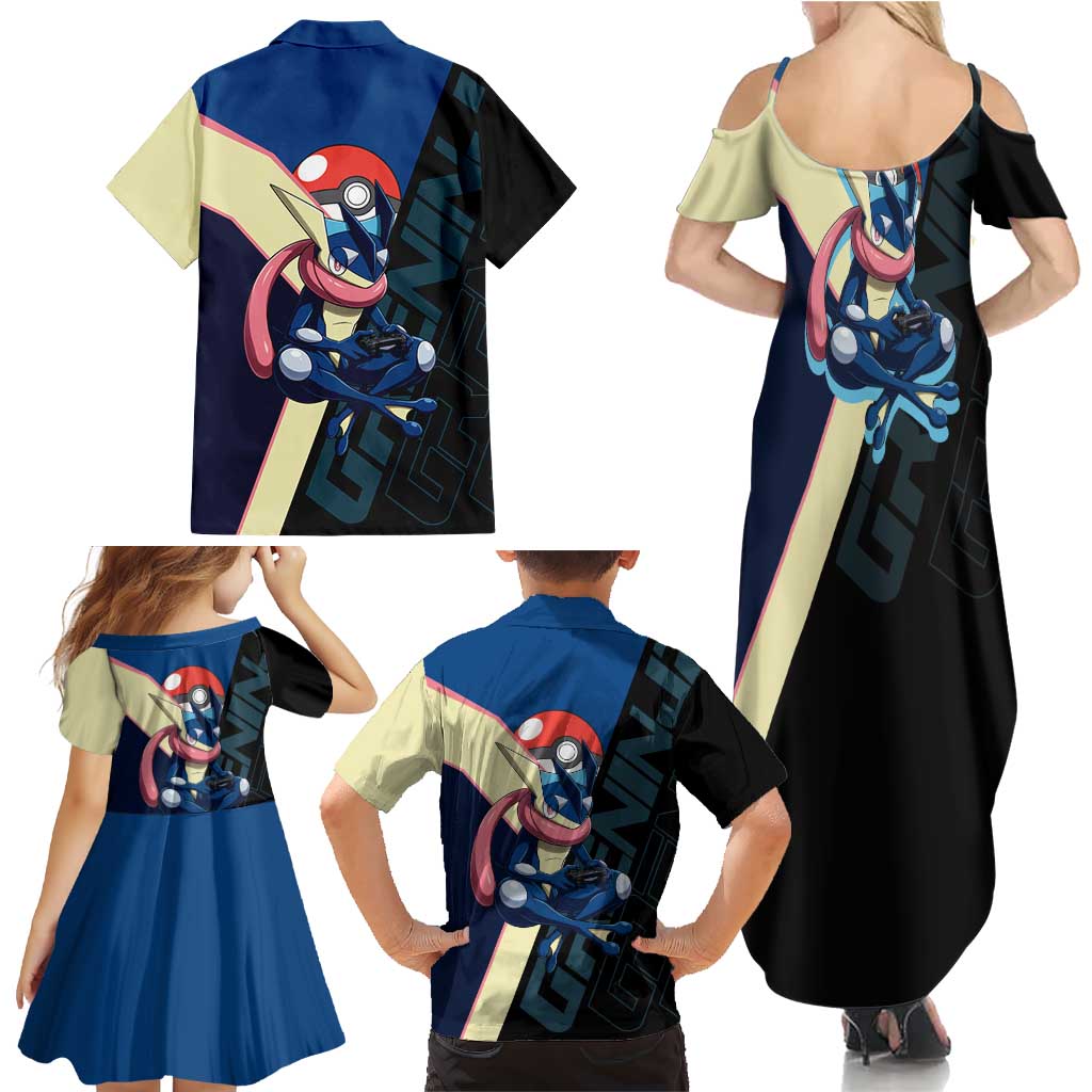Greninja Poké Family Matching Summer Maxi Dress and Hawaiian Shirt Sleek Retro Anime Style