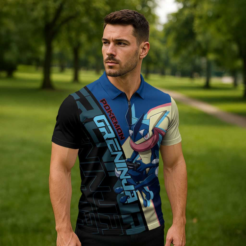 Greninja Poké Zipper Polo Shirt Sleek Retro Anime Style