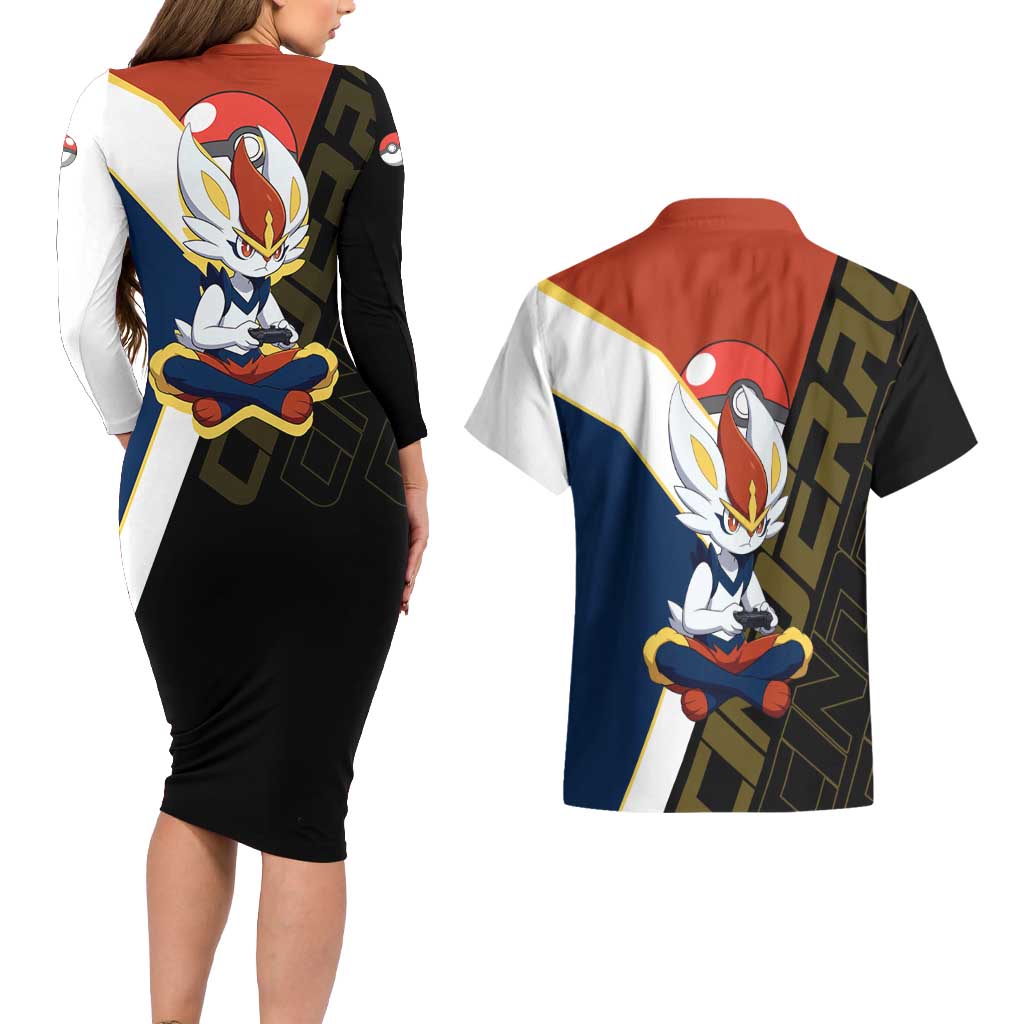 Cinderace Poké Couples Matching Long Sleeve Bodycon Dress and Hawaiian Shirt Dynamic Retro Anime Style