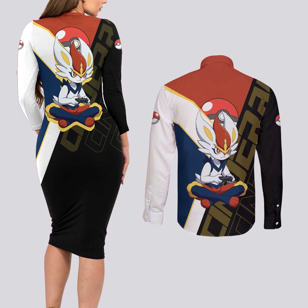 Cinderace Poké Couples Matching Long Sleeve Bodycon Dress and Long Sleeve Button Shirt Dynamic Retro Anime Style