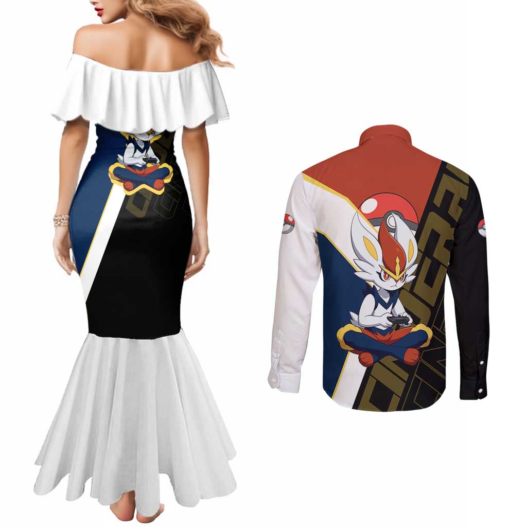 Cinderace Poké Couples Matching Mermaid Dress and Long Sleeve Button Shirt Dynamic Retro Anime Style