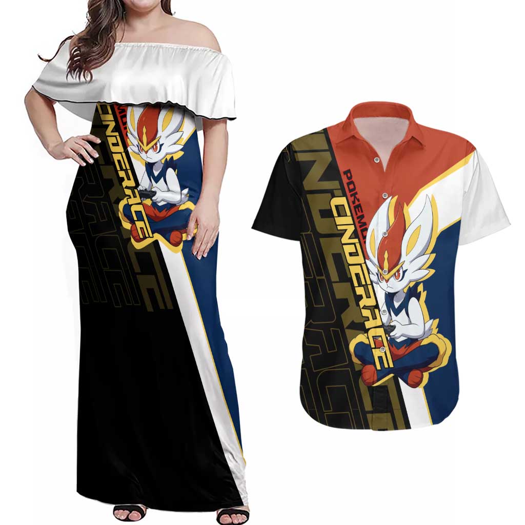 Cinderace Poké Couples Matching Off Shoulder Maxi Dress and Hawaiian Shirt Dynamic Retro Anime Style