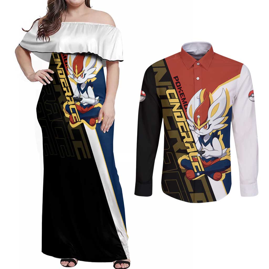 Cinderace Poké Couples Matching Off Shoulder Maxi Dress and Long Sleeve Button Shirt Dynamic Retro Anime Style