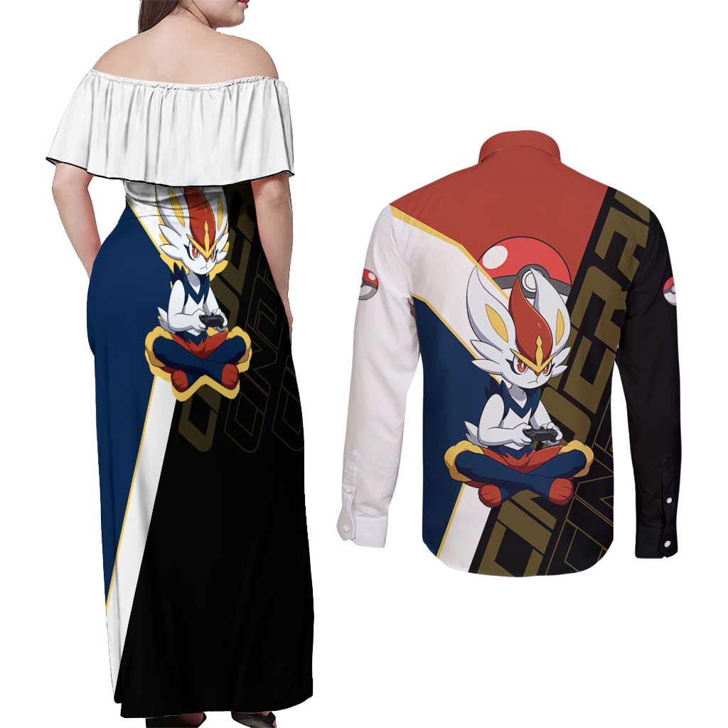 Cinderace Poké Couples Matching Off Shoulder Maxi Dress and Long Sleeve Button Shirt Dynamic Retro Anime Style