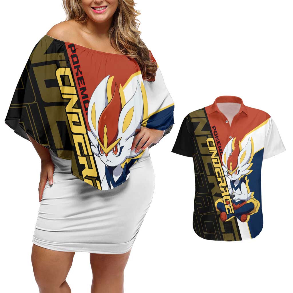 Cinderace Poké Couples Matching Off Shoulder Short Dress and Hawaiian Shirt Dynamic Retro Anime Style