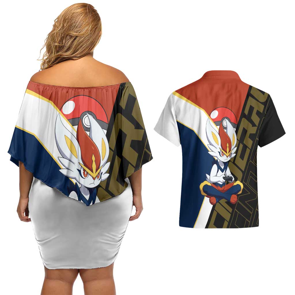 Cinderace Poké Couples Matching Off Shoulder Short Dress and Hawaiian Shirt Dynamic Retro Anime Style