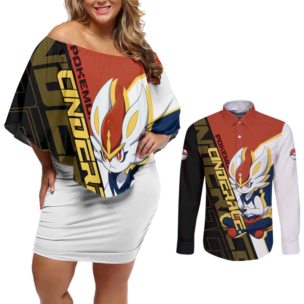 Cinderace Poké Couples Matching Off Shoulder Short Dress and Long Sleeve Button Shirt Dynamic Retro Anime Style