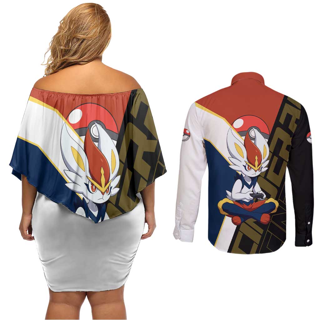 Cinderace Poké Couples Matching Off Shoulder Short Dress and Long Sleeve Button Shirt Dynamic Retro Anime Style
