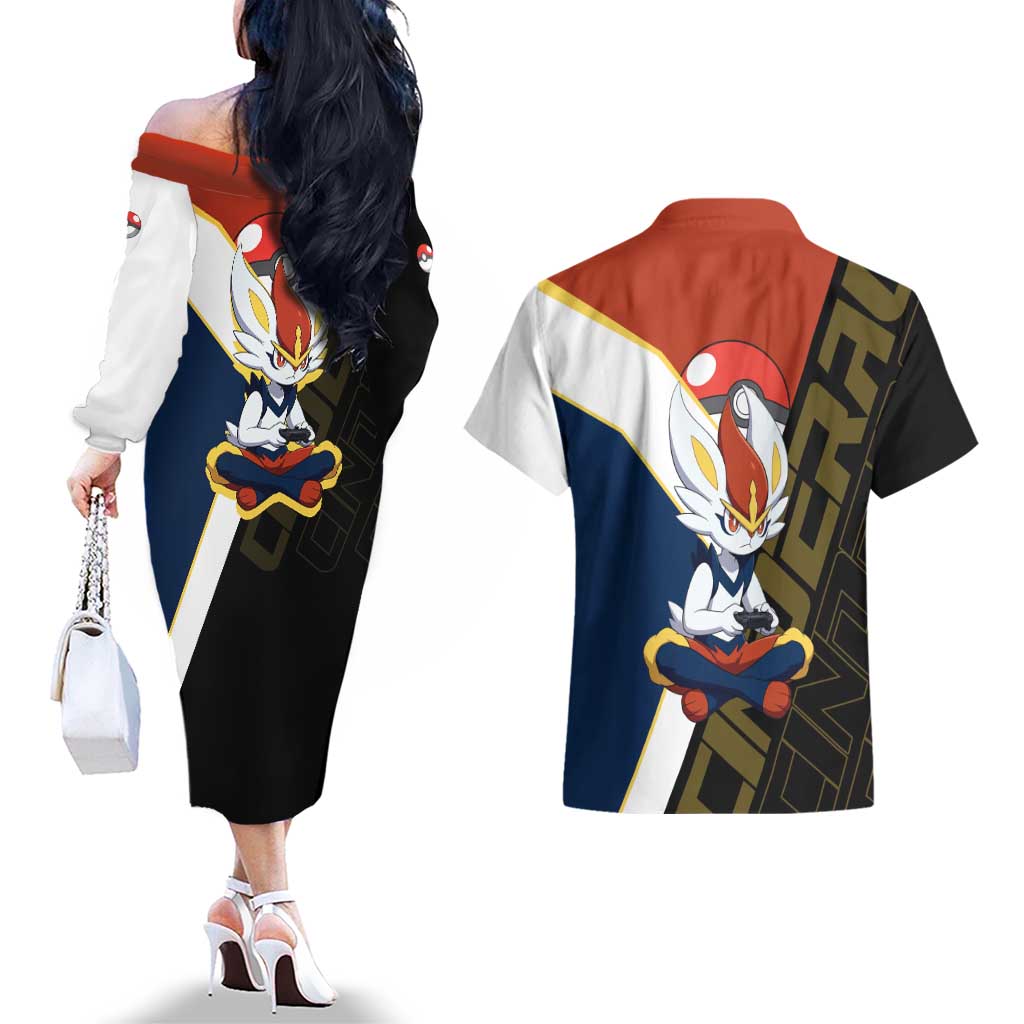 Cinderace Poké Couples Matching Off The Shoulder Long Sleeve Dress and Hawaiian Shirt Dynamic Retro Anime Style