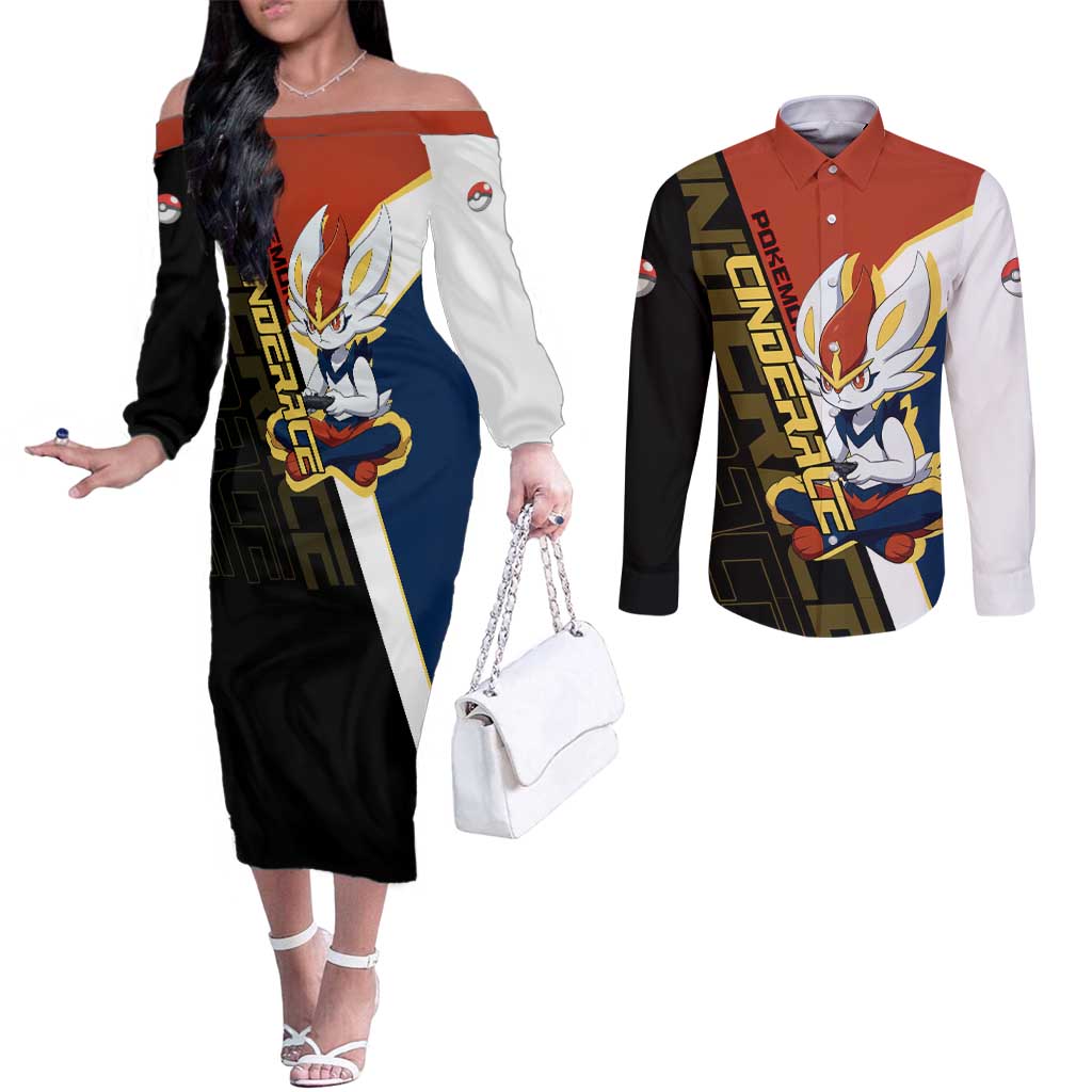 Cinderace Poké Couples Matching Off The Shoulder Long Sleeve Dress and Long Sleeve Button Shirt Dynamic Retro Anime Style