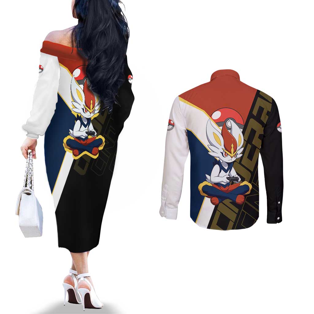 Cinderace Poké Couples Matching Off The Shoulder Long Sleeve Dress and Long Sleeve Button Shirt Dynamic Retro Anime Style