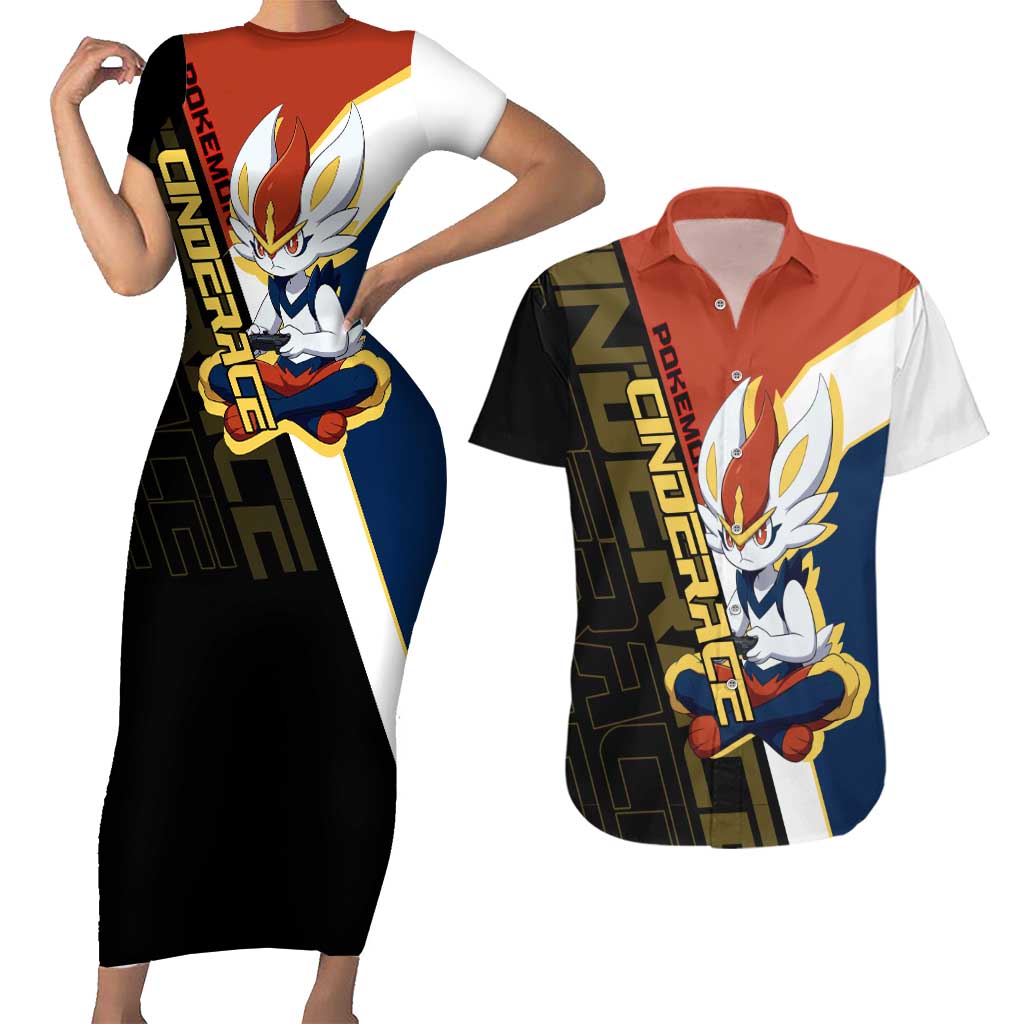 Cinderace Poké Couples Matching Short Sleeve Bodycon Dress and Hawaiian Shirt Dynamic Retro Anime Style