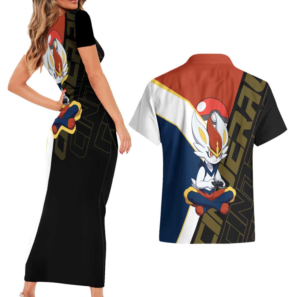 Cinderace Poké Couples Matching Short Sleeve Bodycon Dress and Hawaiian Shirt Dynamic Retro Anime Style