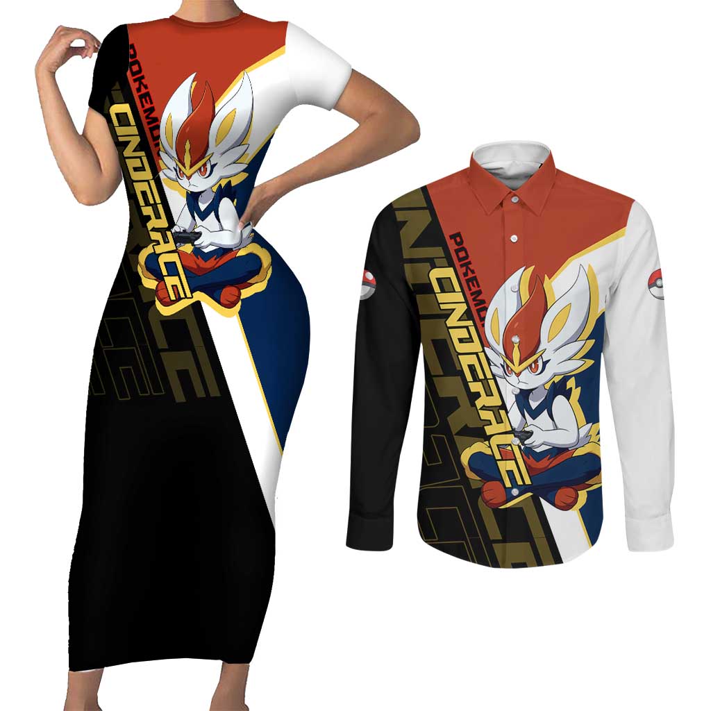 Cinderace Poké Couples Matching Short Sleeve Bodycon Dress and Long Sleeve Button Shirt Dynamic Retro Anime Style